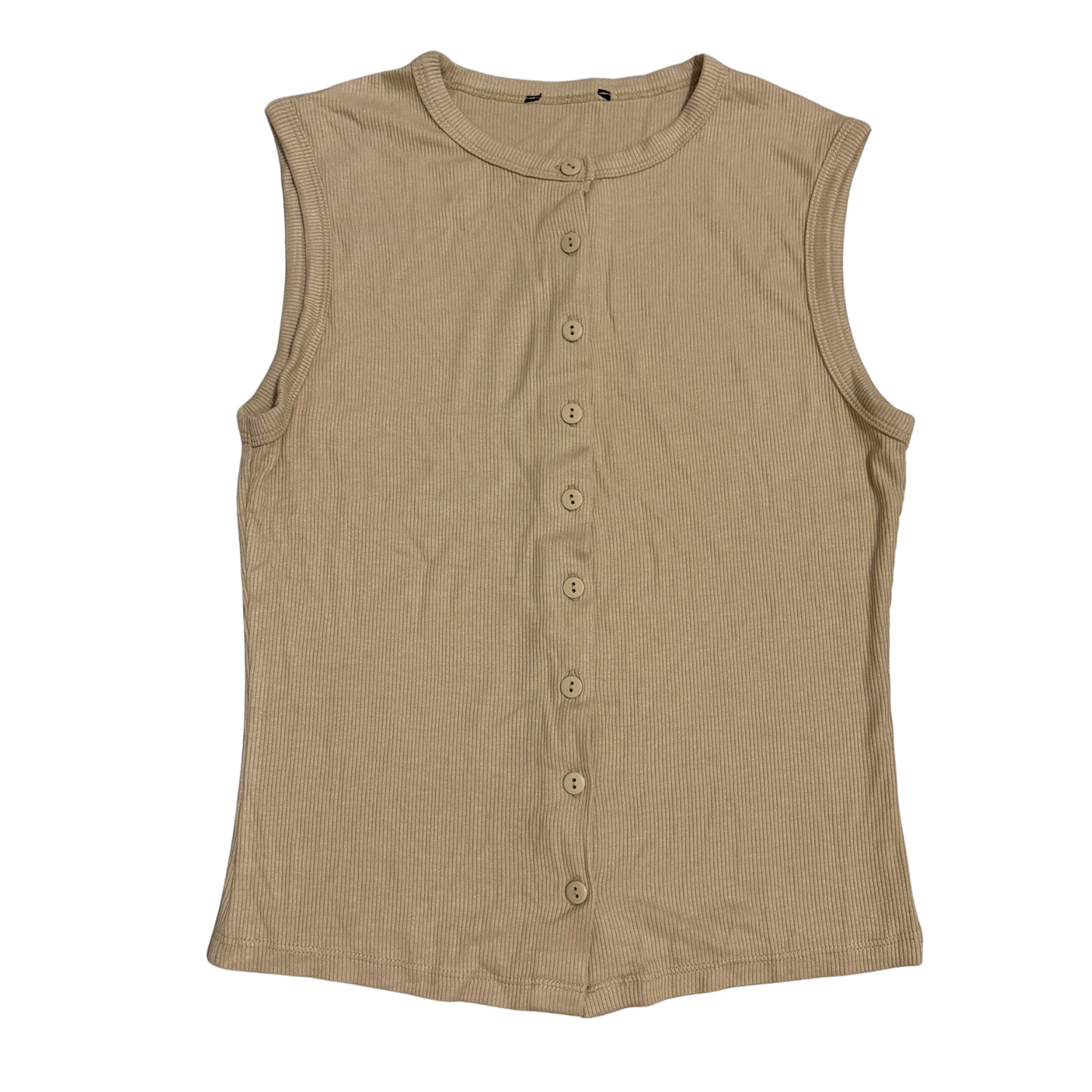 Beige Ribbed Button Up Sleeveless Top