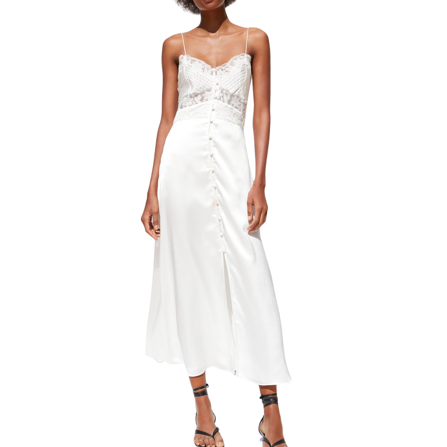 Zara White Satin & Lace Maxi Dress