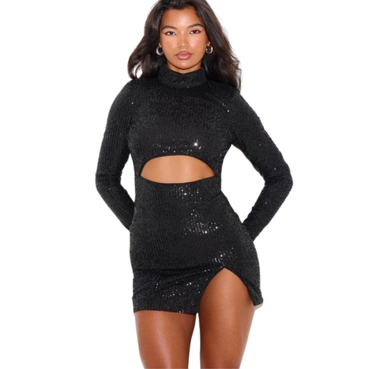PLT Black Sequin Long Sleeve Cut Out Dress
