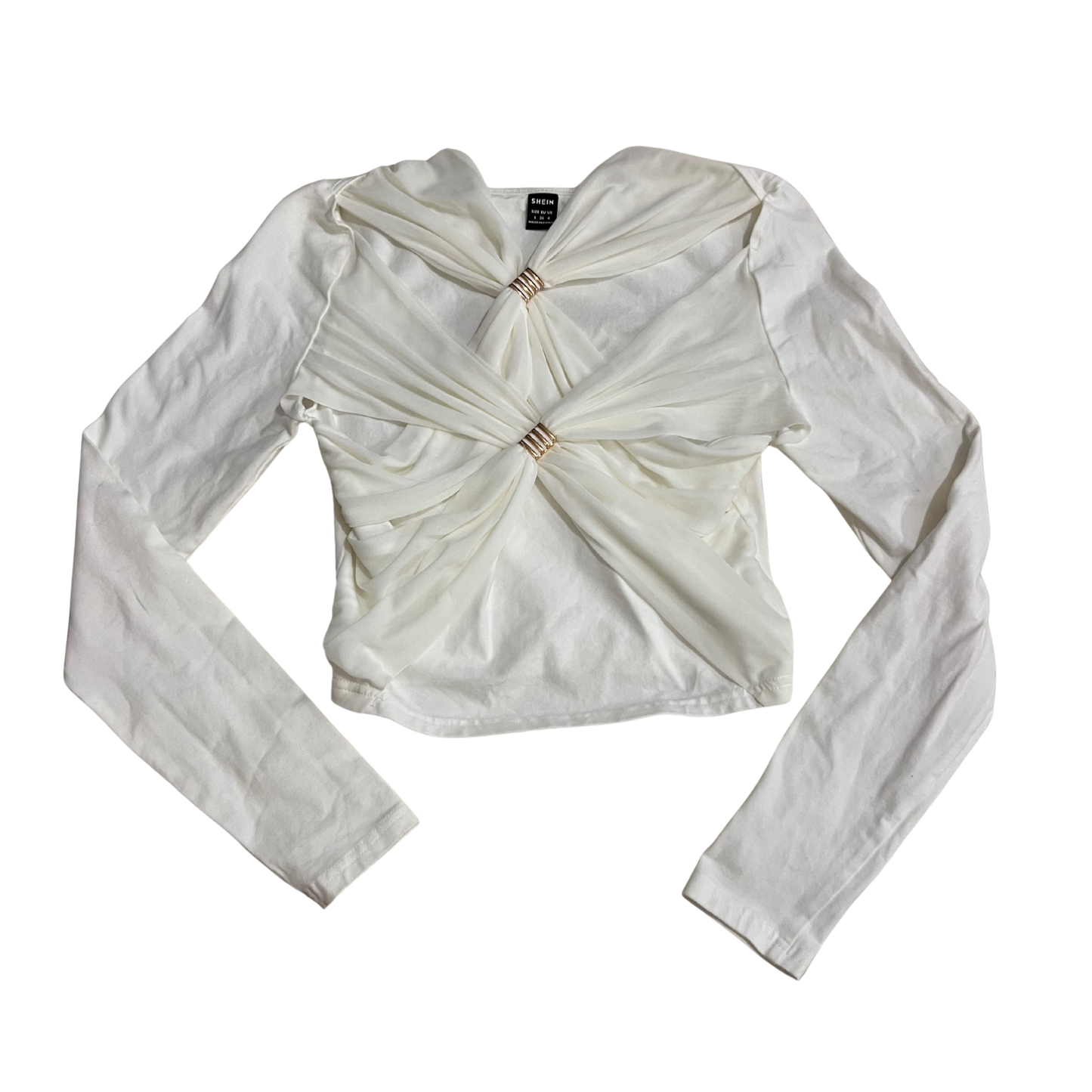 White Mesh Cross Detail Long Sleeve Crop Top
