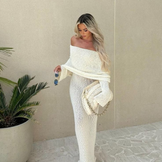 Cream Off-Shoulder Bobbled Maxi Dress