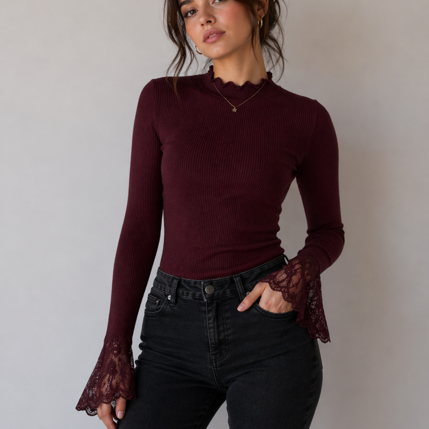 Burgundy Knit High Neck Jumper