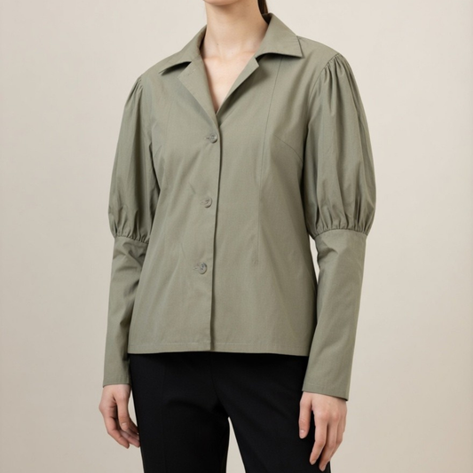 PLT Green Balloon Sleeve Button Up Shirt
