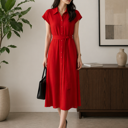 Mango Red Button Up Tie Front Collared Maxi Dress