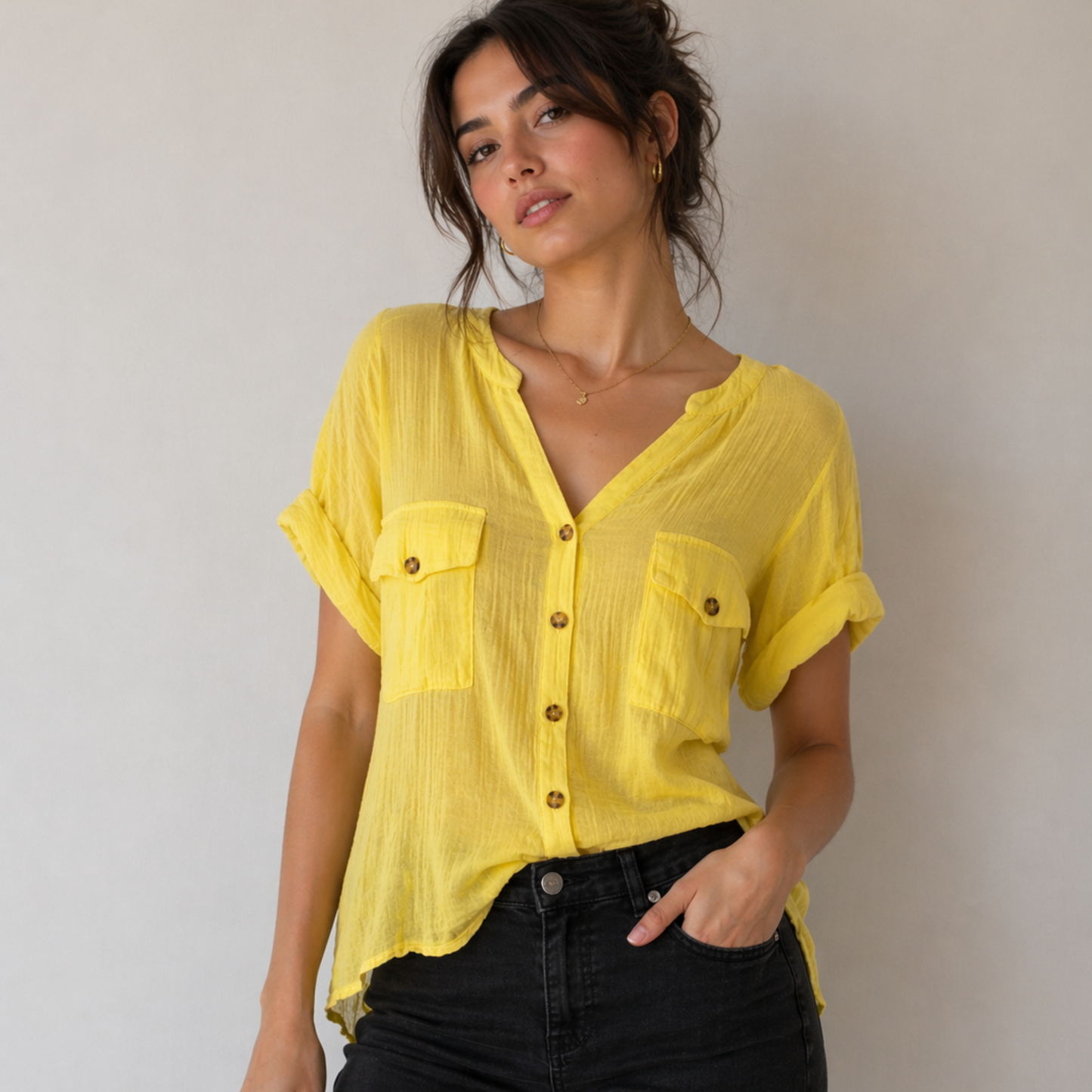 Yellow Button-Up Sheer Top