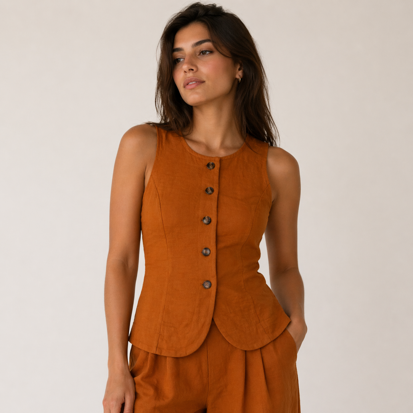 Rust Orange Button-Up Sleeveless Shirt