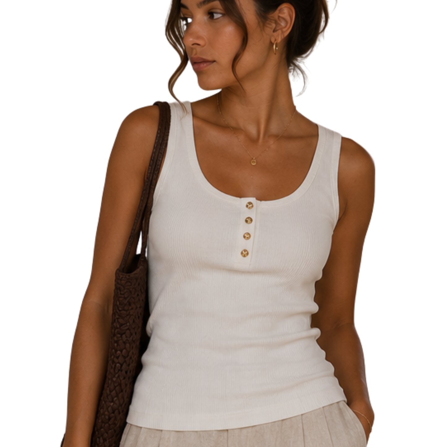 White Ribbed Gold Button Tank Top