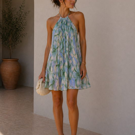 Floral Halterneck Plisse Mini Dress