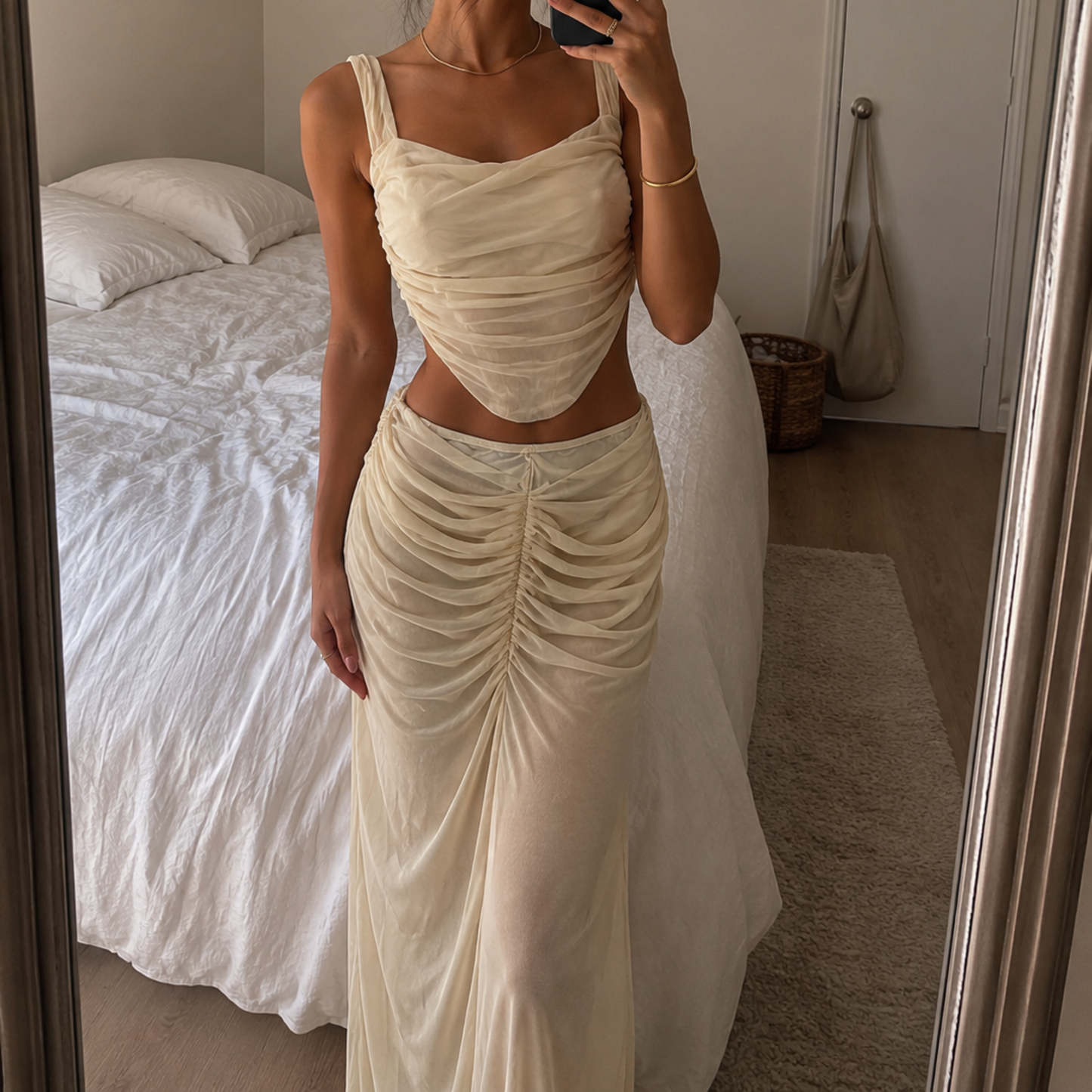 Cream Mesh Ruched Co-Ord