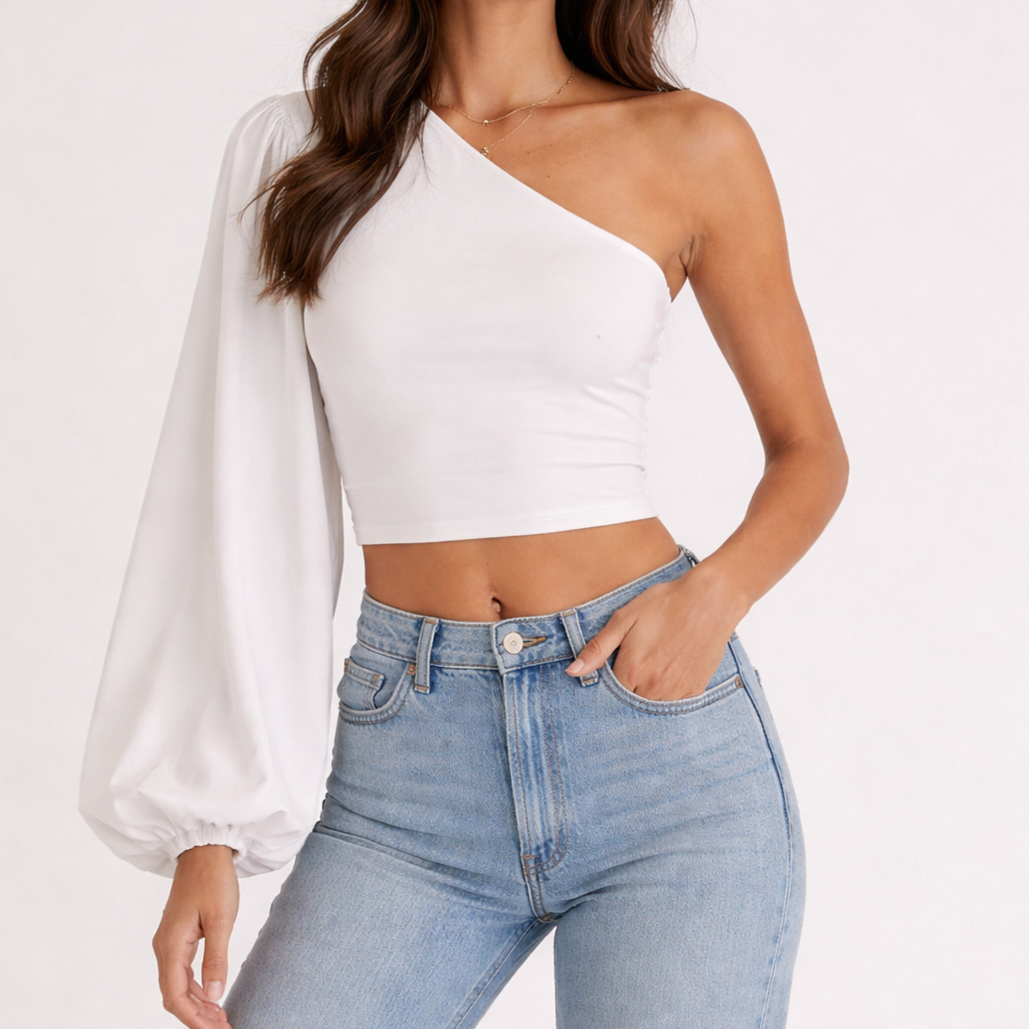 White One Shoulder Puff Sleeve Crop Top