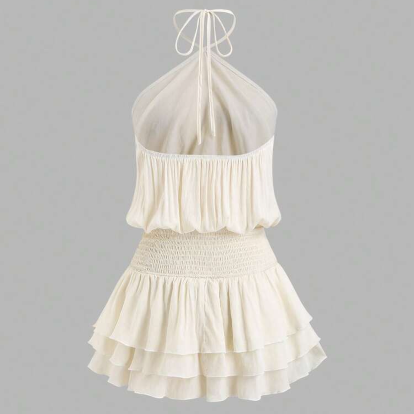 Beige Halterneck Puff Ball Mini Dress
