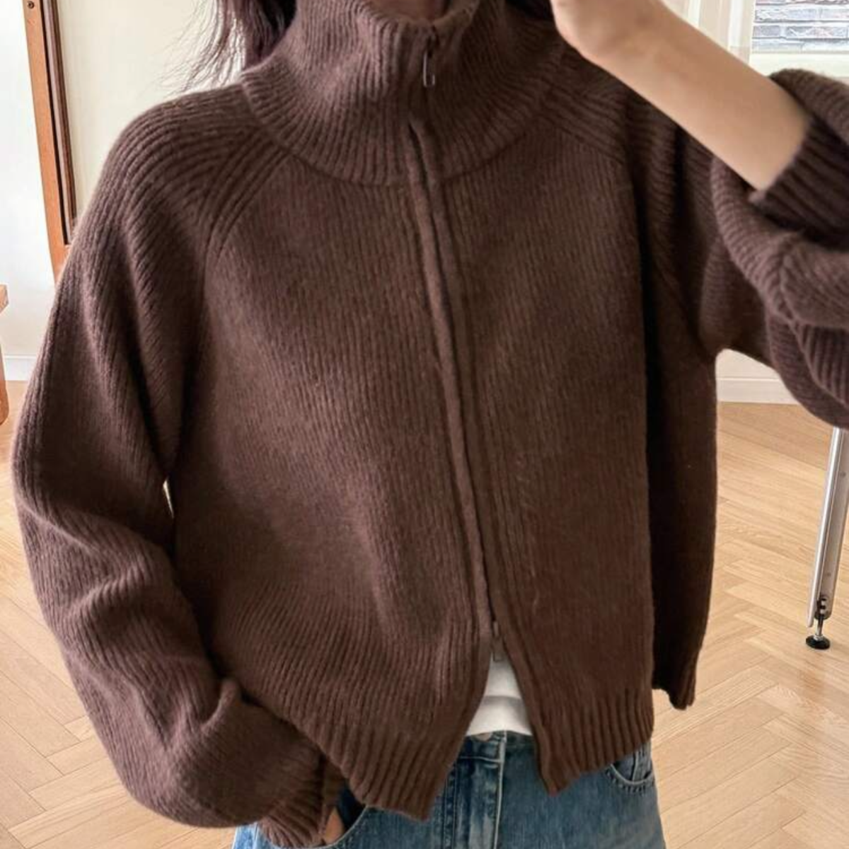 Brown Knitted Zip Up Jacket