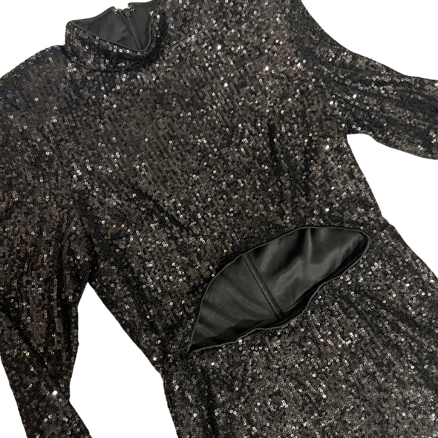 PLT Black Sequin Long Sleeve Cut Out Dress