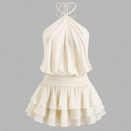 Beige Halterneck Puff Ball Mini Dress