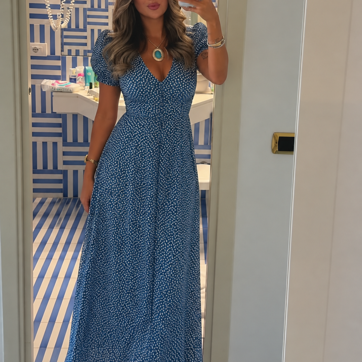 Gallery Blue Heart Pattern Maxi Dress