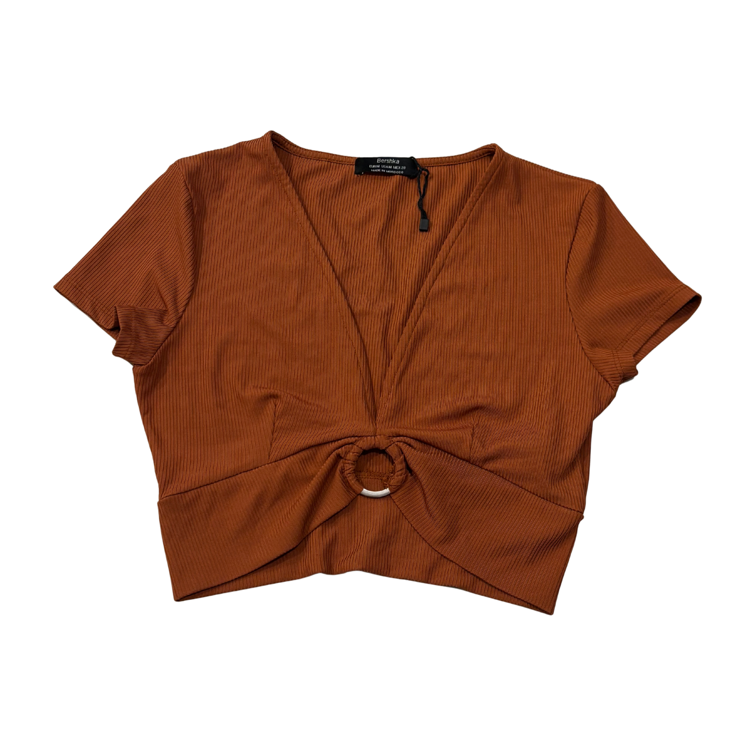Bershka Ribbed Deep V O-Ring Crop Top