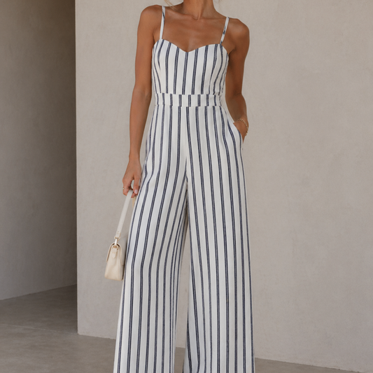 Quiz White/Blue Striped Tie Back Jumpsuit