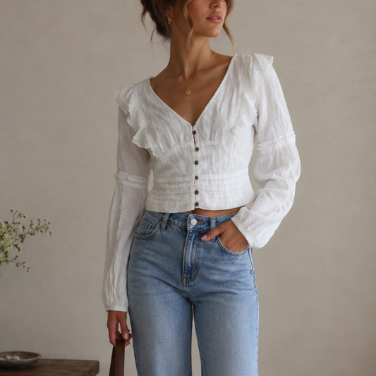White Button Up Long Sleeve Crop Top