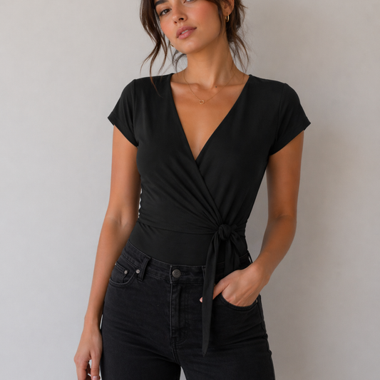 Boohoo Black Tie Front Satin Bodysuit