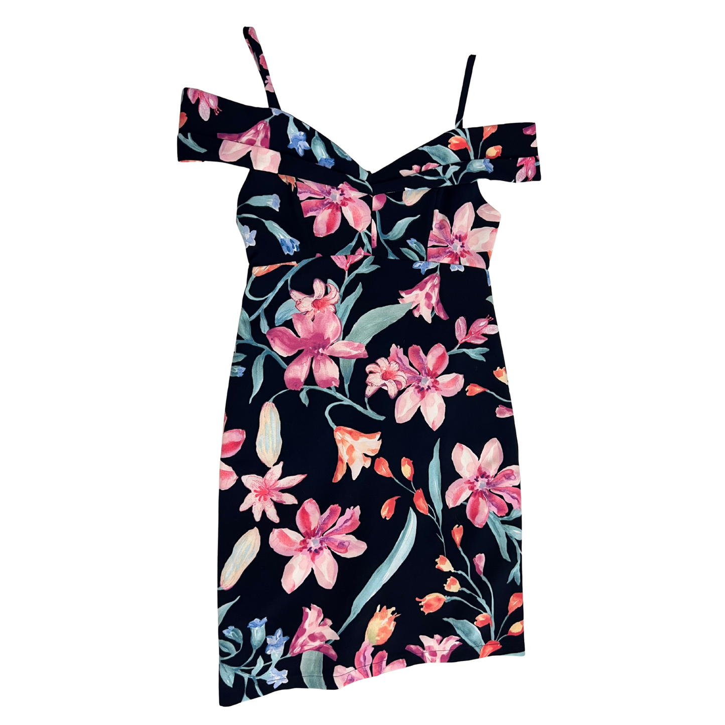 Navy Blue Floral Detailed Mini Dress