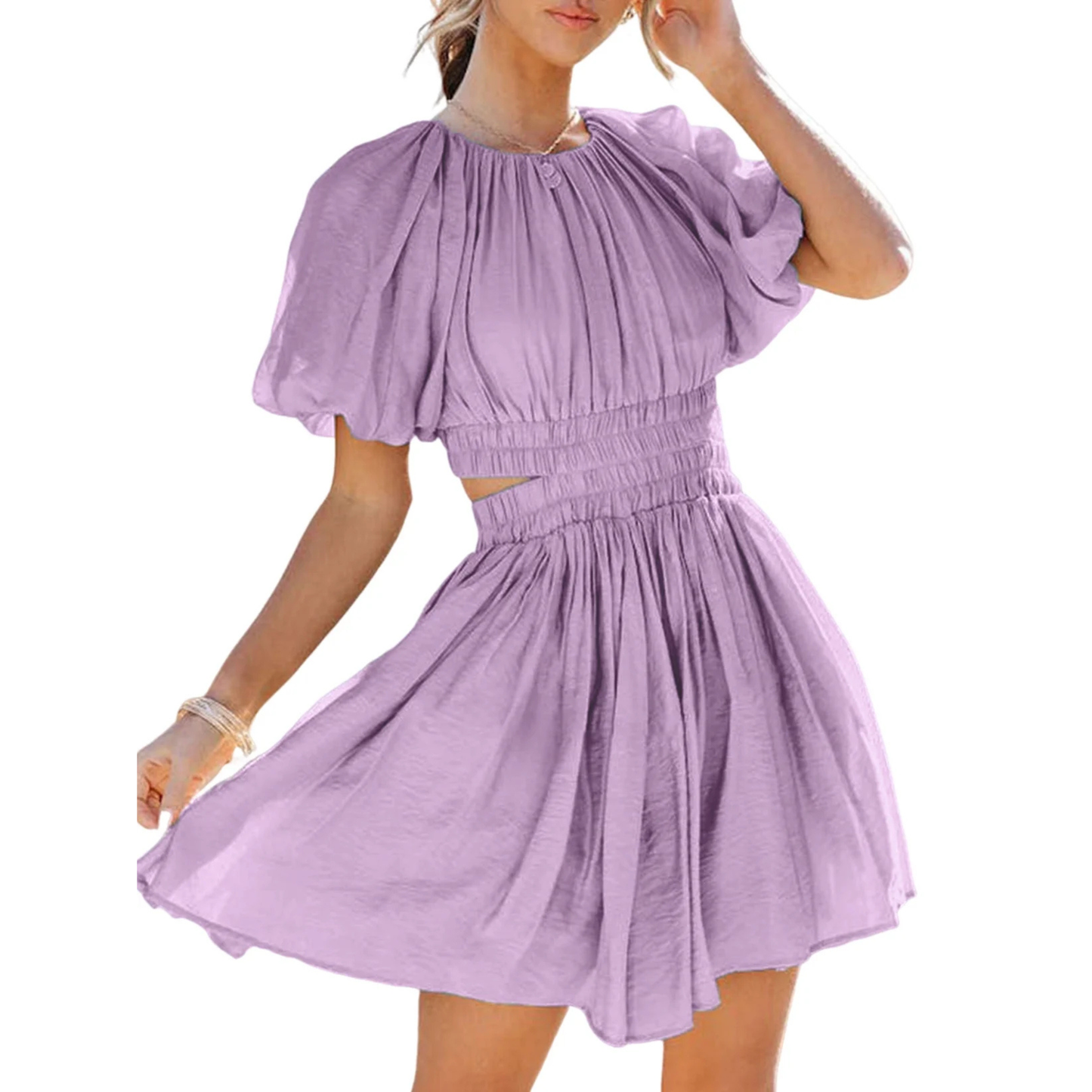 Lilac Cutout Waist Puff Sleeve Mini Dress