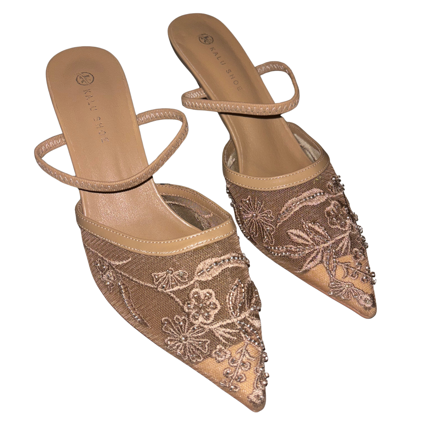 Nude Pointed Toe Embroidered Heels