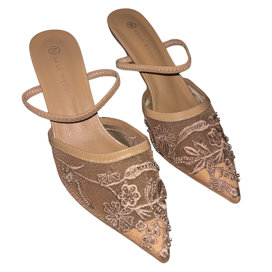 Nude Pointed Toe Embroidered Heels