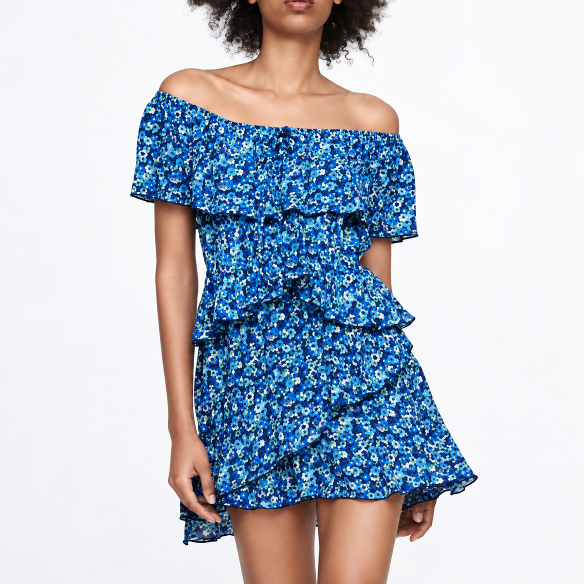 Zara Blue Off Shoulder Ruffled Mini Dress