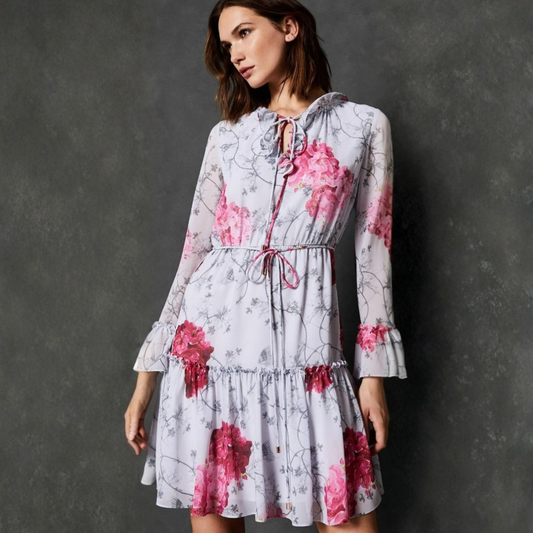 Ted Baker Grey Flower Detail Long Sleeve Mini Dress