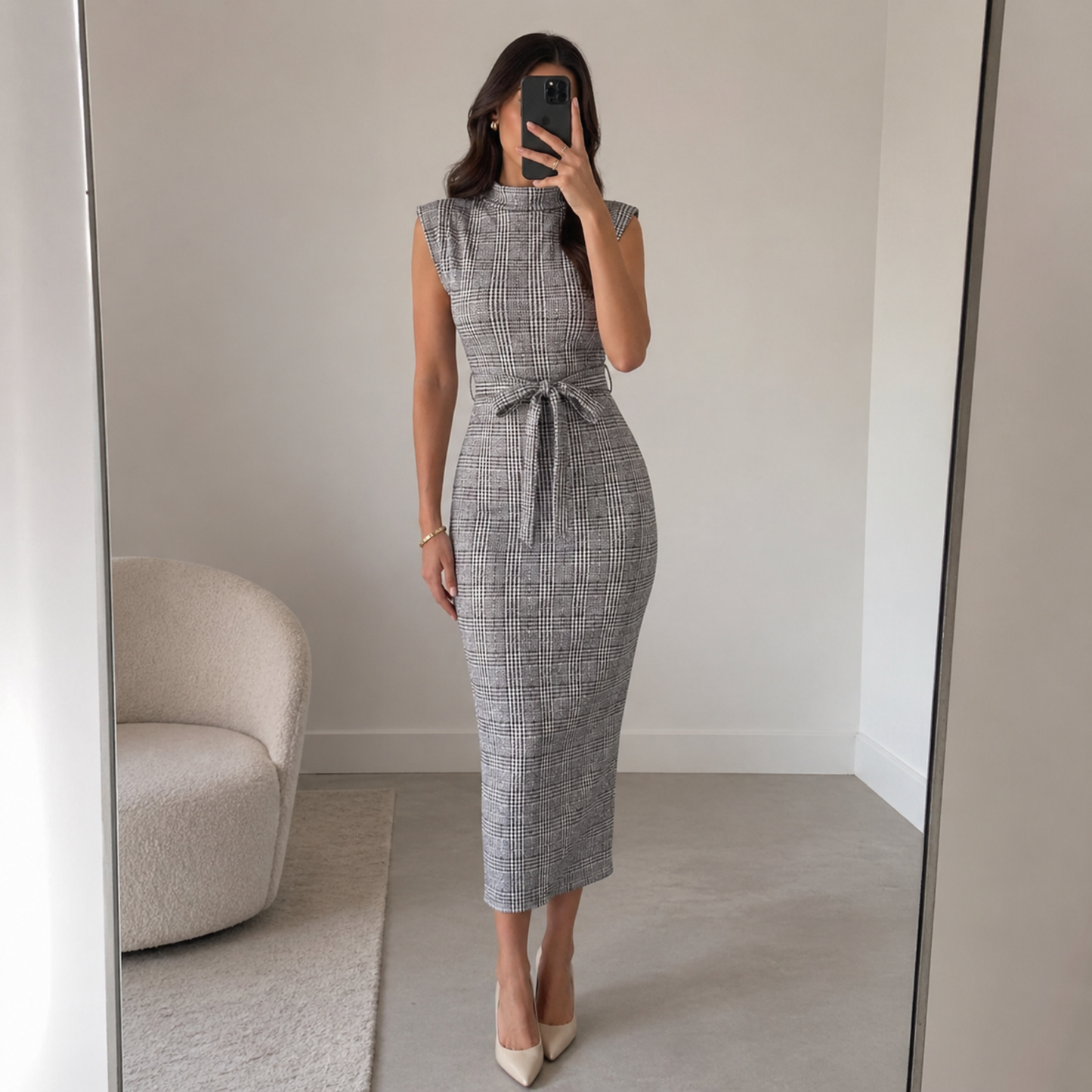 Plaid Sleeveless Belted Maxi Dress