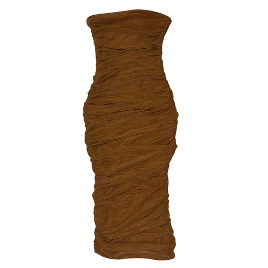 Shein Brown Bandeau Ruched Mesh Midi Dress