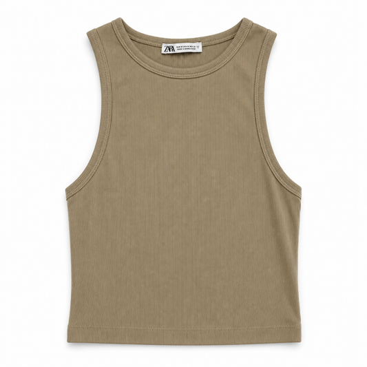 Zara Beige Ribbed Halterneck Crop Top