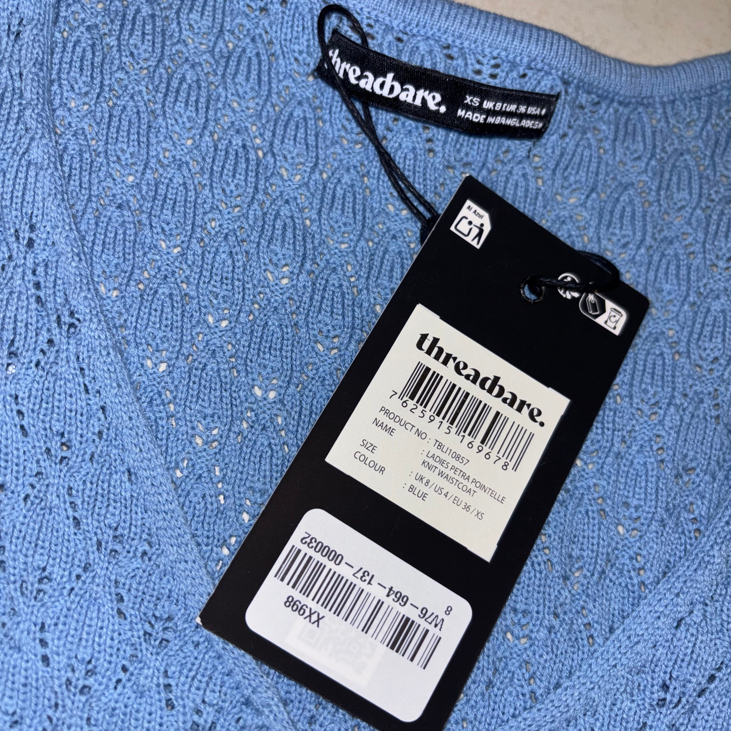 Threadbare Blue Crochet Waistcoast