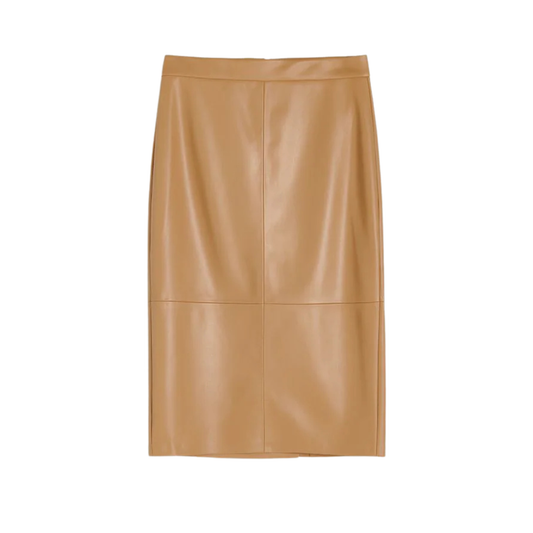Reserved Tan Faux Leather Midi Skirt