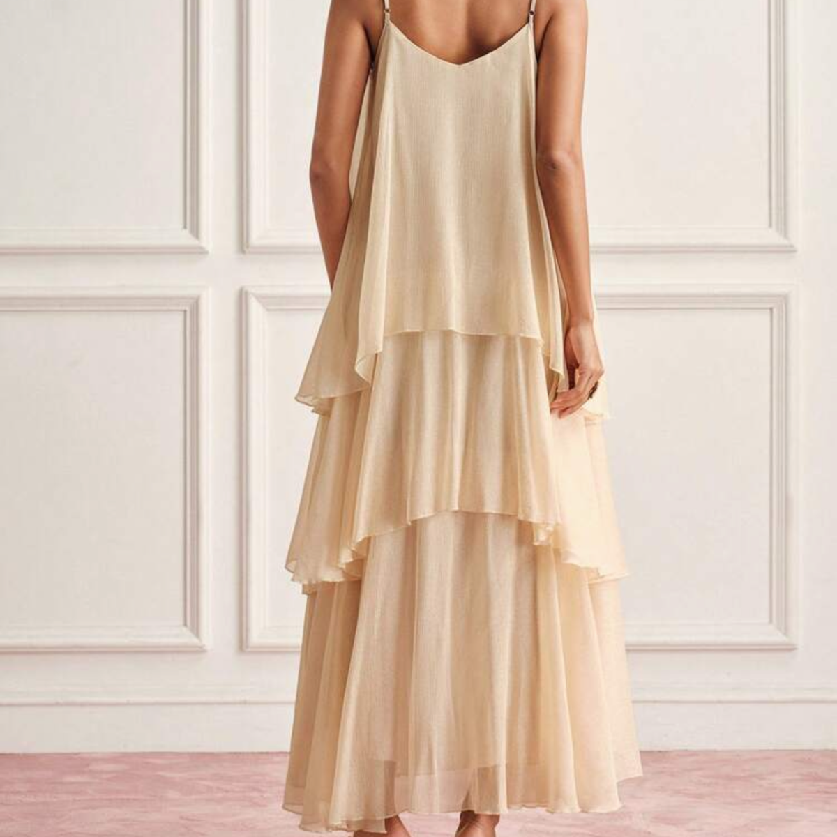 Beige Mesh Tiered Maxi Dress