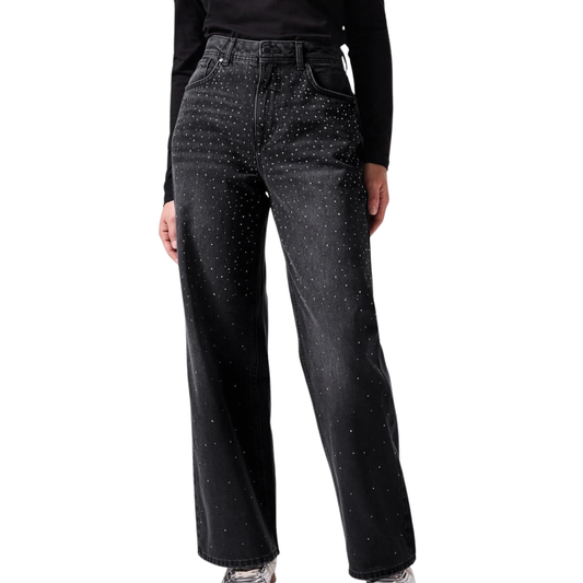 Black Diamante Detail Wide Leg Jeans