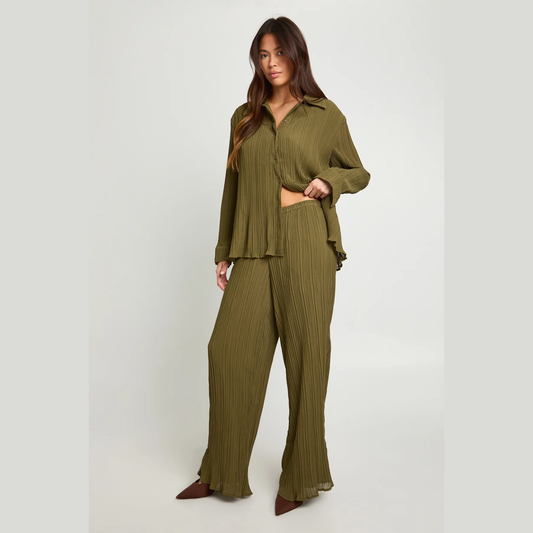 Boohoo Plisse Olive Green Co-Ord