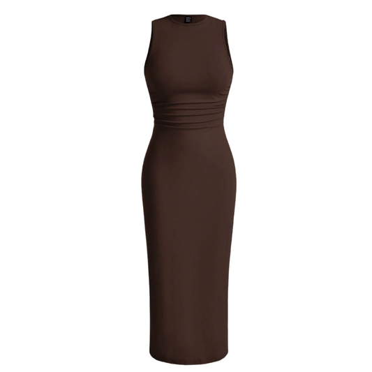 Brown Racer Neck Ruched Side Maxi Dress