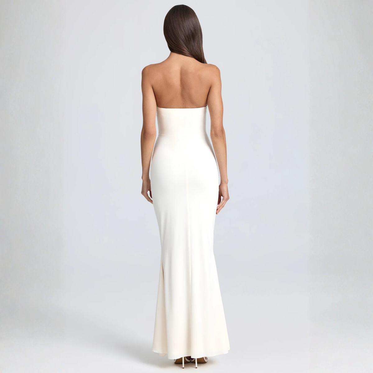 Oh Polly Cream Bandeau Ruffle Corset Maxi Dress