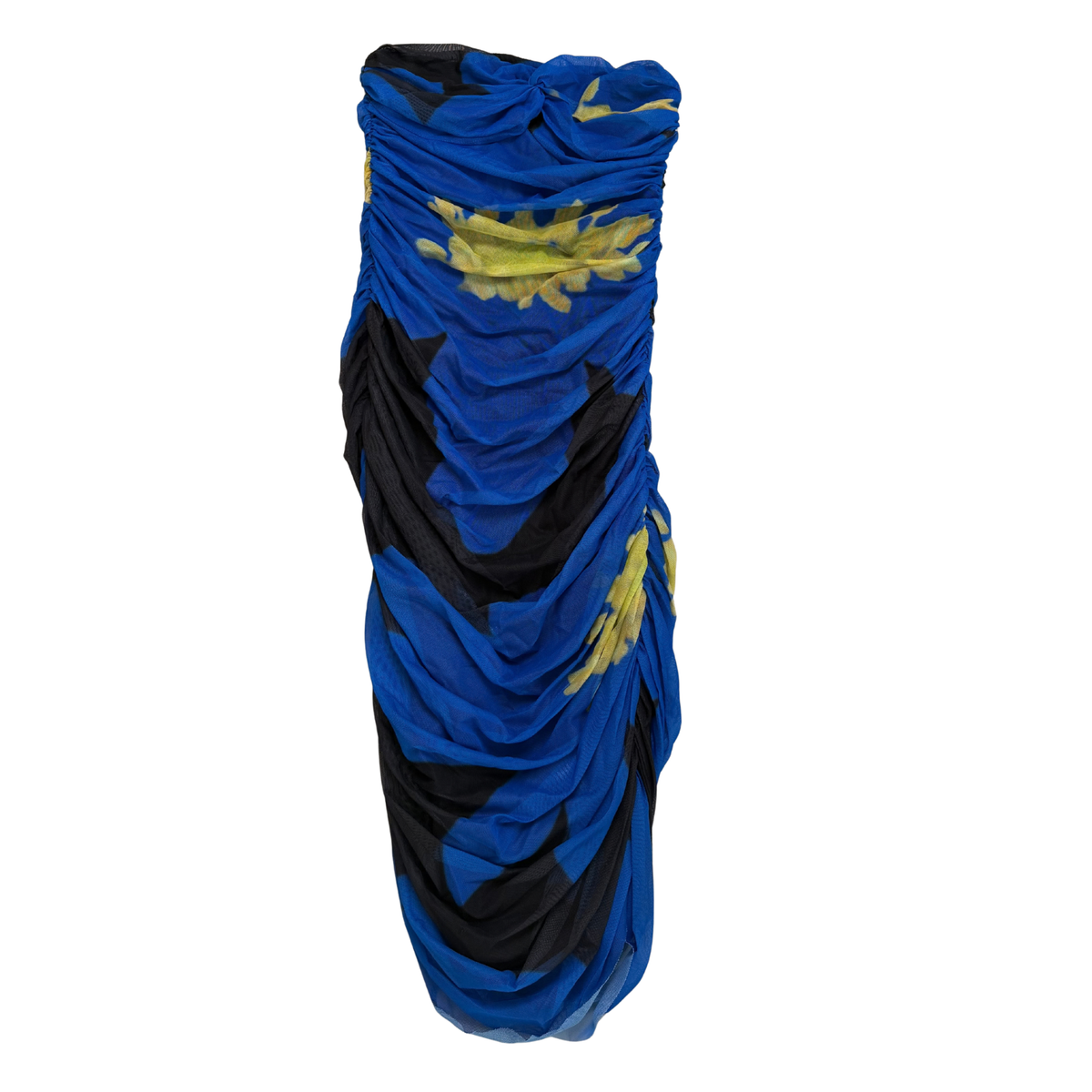 Blue Mesh Ruched Midi Dress
