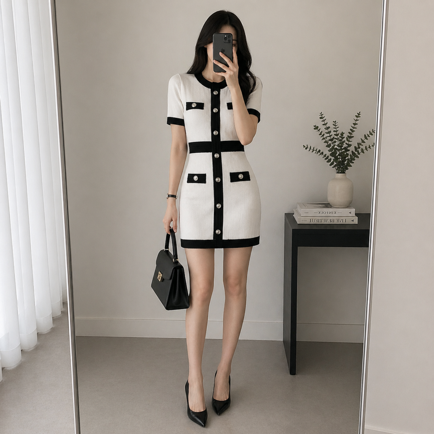 White & Black Short Sleeve Knit Mini Dress