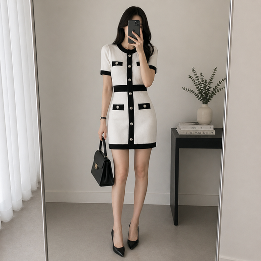 White & Black Short Sleeve Knit Mini Dress