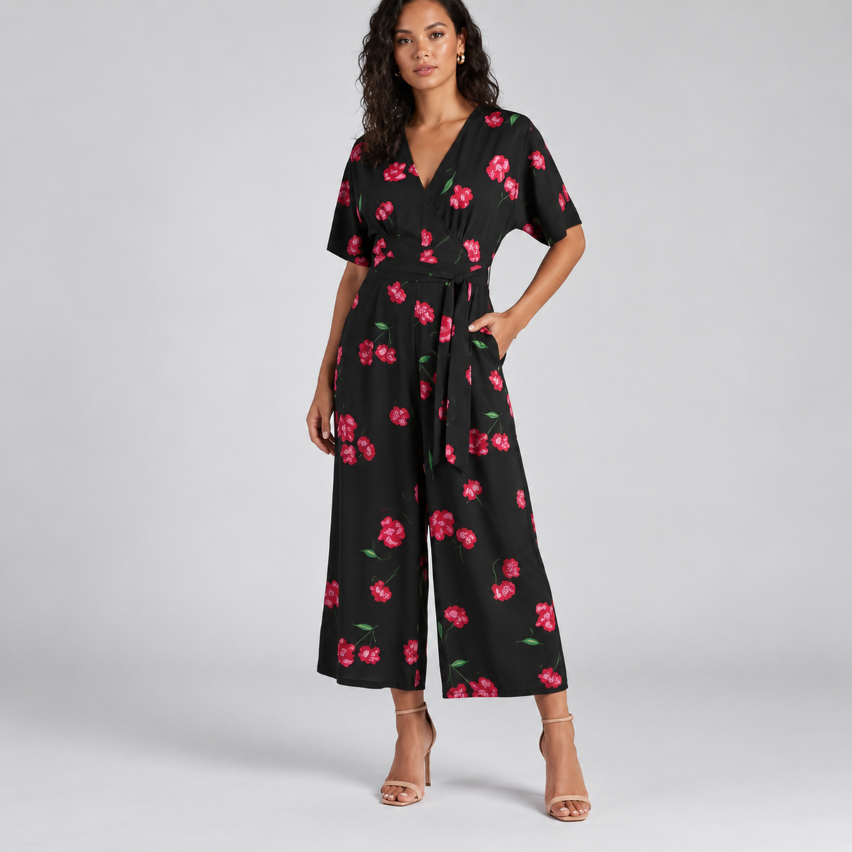 Zara Black Floral Short Sleeve Jumpsuit