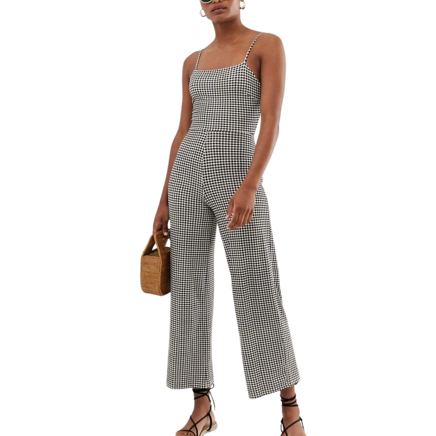 Stradivarius Black/White Checkered Tie Front Jumpsuit