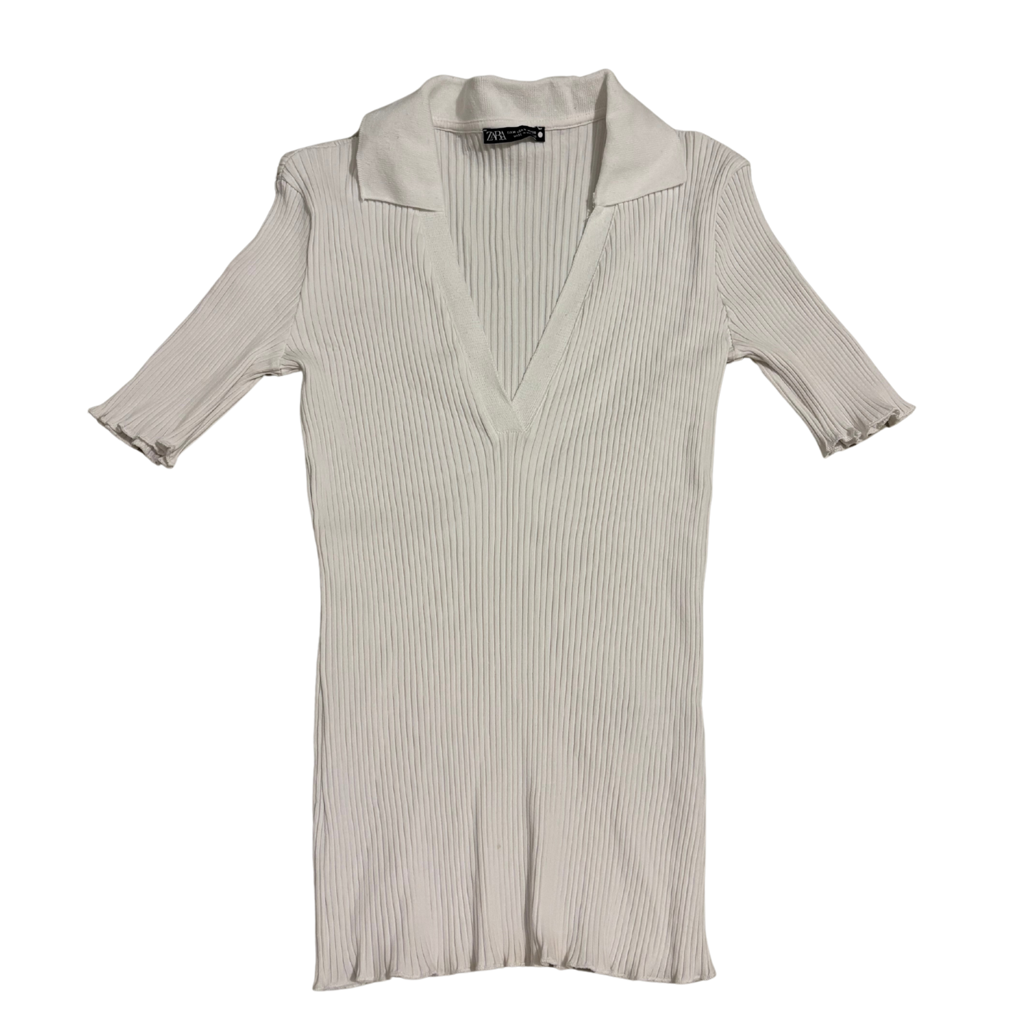 Zara White V Neck Ribbed Top
