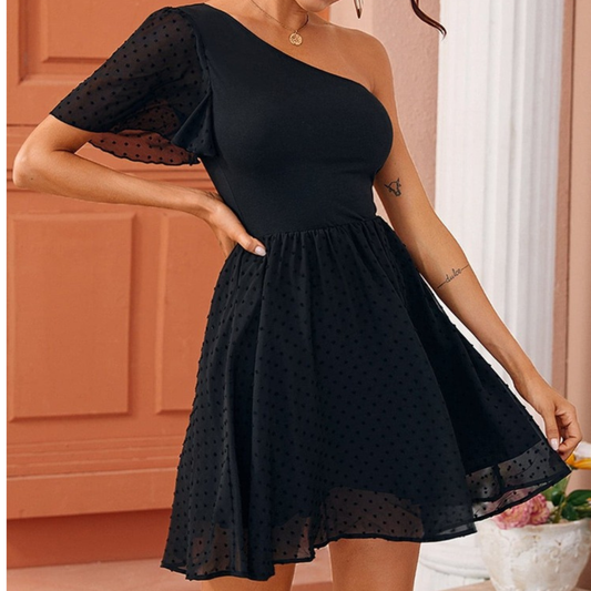 Black One Sleeve Polka Dot Mini Dress