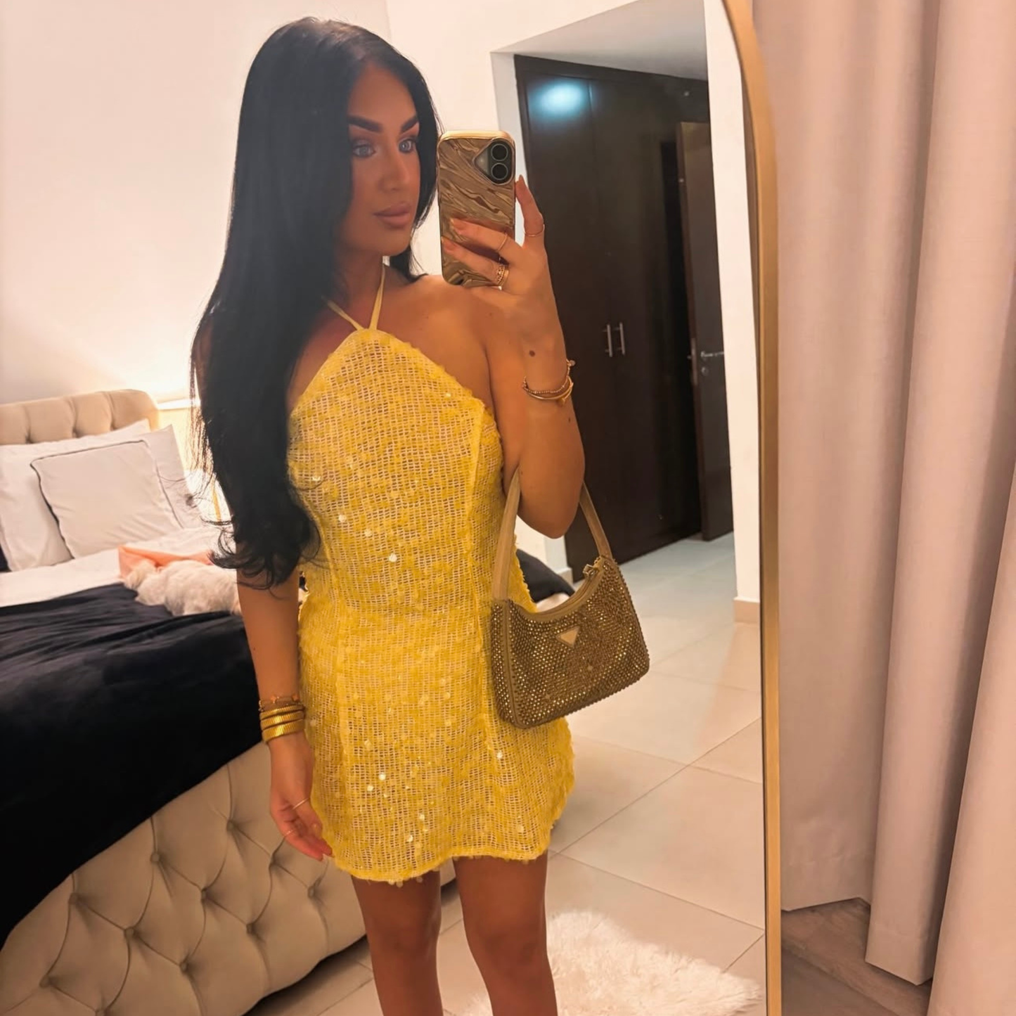 Yellow Sequin Halterneck Mini Dress
