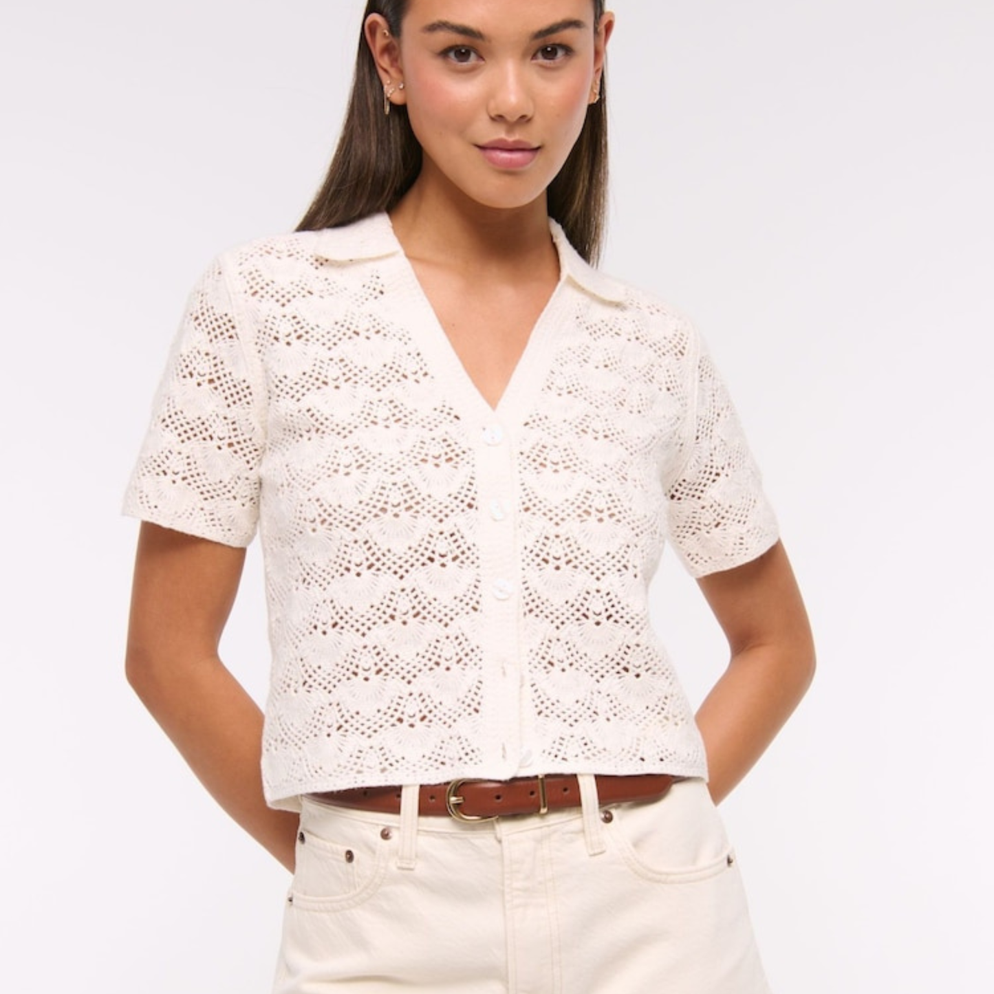 Abercrombie & Fitch White Crochet Button Up Top