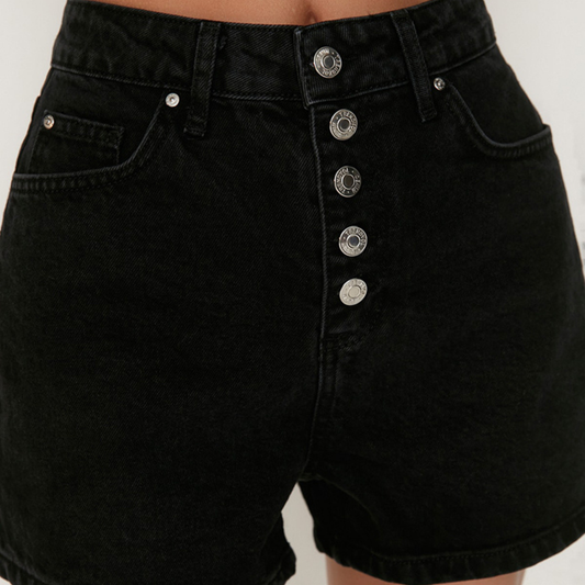 Black Button Up Denim Shorts