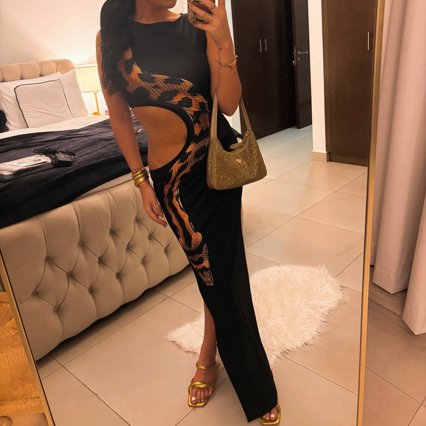 Black Cut Out Snake Print Maxi Dress